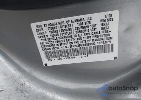 2008 Honda Odyssey Ex-L from USA, damaged, VIN 5FNRL38638B099550